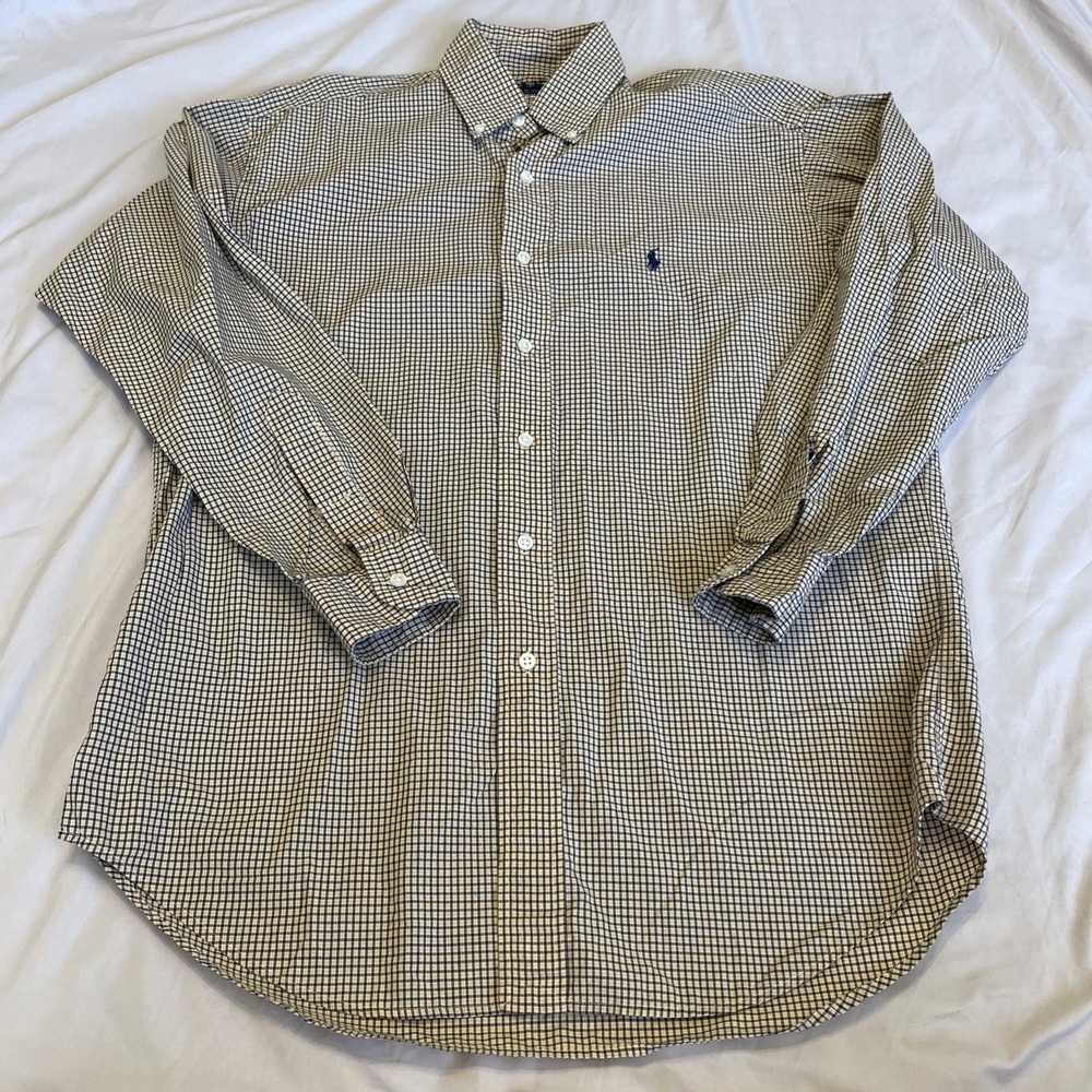 RALPH LAUREN‎ Shirt Mens S BLAKE Blue Check Button Up Long Sleeve Cotton